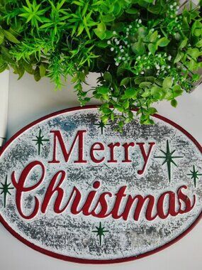Merry Christmas Decorative Metal Sign Red Green Holiday Wall Decor
